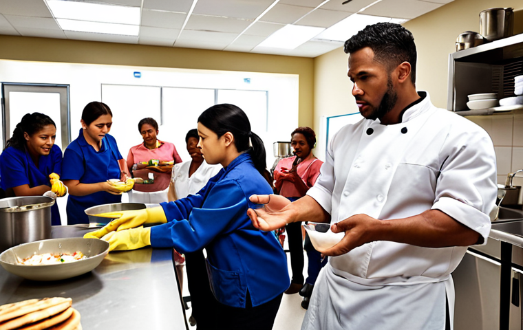 **
"A dynamic food safety trainer engaging a diverse group of food workers in a hands-on training session, demonstrating proper handwashing techniques in a professional kitchen setting. The atmosphere is interactive and encouraging."
**