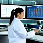 A focused professional food safety manager, fully clothed in a modest, clean lab coat, stands confidently in a brightly lit, sterile control room of a modern food processing facility. They are observing multiple large, futuristic screens displaying real-time data: one screen shows an AI-powered computer vision system meticulously monitoring products on a conveyor belt for quality and defects, another visualizes a complex blockchain-enabled supply chain traceability map with glowing digital lines. The manager has perfect anatomy, correct proportions, and a natural pose, with well-formed hands gesturing subtly towards the data. The scene emphasizes cutting-edge technology, precision, and efficiency. Appropriate content, safe for work, professional dress, high-quality, ultra-detailed, photorealistic.