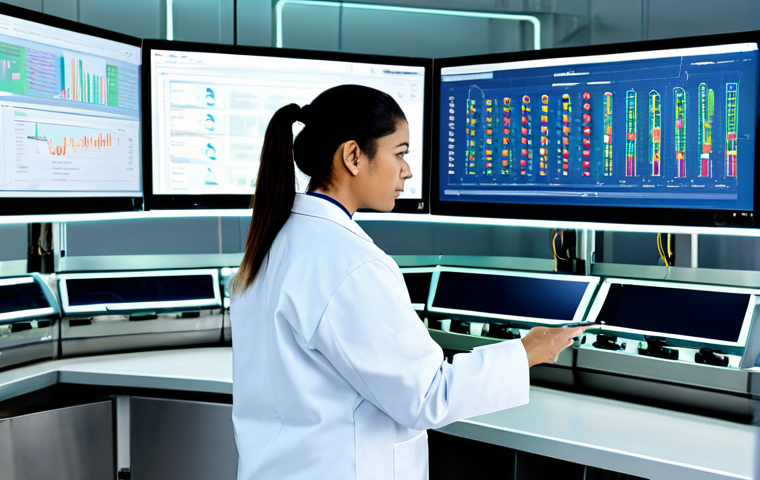 A focused professional food safety manager, fully clothed in a modest, clean lab coat, stands confidently in a brightly lit, sterile control room of a modern food processing facility. They are observing multiple large, futuristic screens displaying real-time data: one screen shows an AI-powered computer vision system meticulously monitoring products on a conveyor belt for quality and defects, another visualizes a complex blockchain-enabled supply chain traceability map with glowing digital lines. The manager has perfect anatomy, correct proportions, and a natural pose, with well-formed hands gesturing subtly towards the data. The scene emphasizes cutting-edge technology, precision, and efficiency. Appropriate content, safe for work, professional dress, high-quality, ultra-detailed, photorealistic.