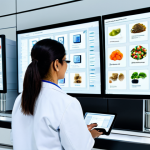 **Prompt 1: The Future of Food Quality Assurance with AI and Blockchain**
    A professional food quality expert, a Middle Eastern woman, is shown in a clean, state-of-the-art food safety laboratory. She is wearing a modest, professional lab coat, observing large transparent digital screens displaying complex, dynamic data visualizations. These screens illustrate a secure blockchain traceability system for food products, with real-time AI-powered analysis highlighting quality control points and safe supply chains. The laboratory environment features sleek, modern equipment, bright, sterile lighting, and clean stainless steel surfaces, emphasizing precision and innovation. Her pose is natural and focused, with well-formed hands gesturing towards the data. Perfect anatomy, correct proportions, natural body proportions, proper finger count, fully clothed, modest clothing, appropriate attire, professional dress, safe for work, appropriate content, family-friendly, high quality professional photography, ultra-realistic, detailed, bright lighting.
