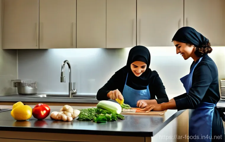 식품안전 사고 대응 매뉴얼 - **Prompt:** A warm, brightly lit modern Arab kitchen where a mother and her teenage daughter, both m...