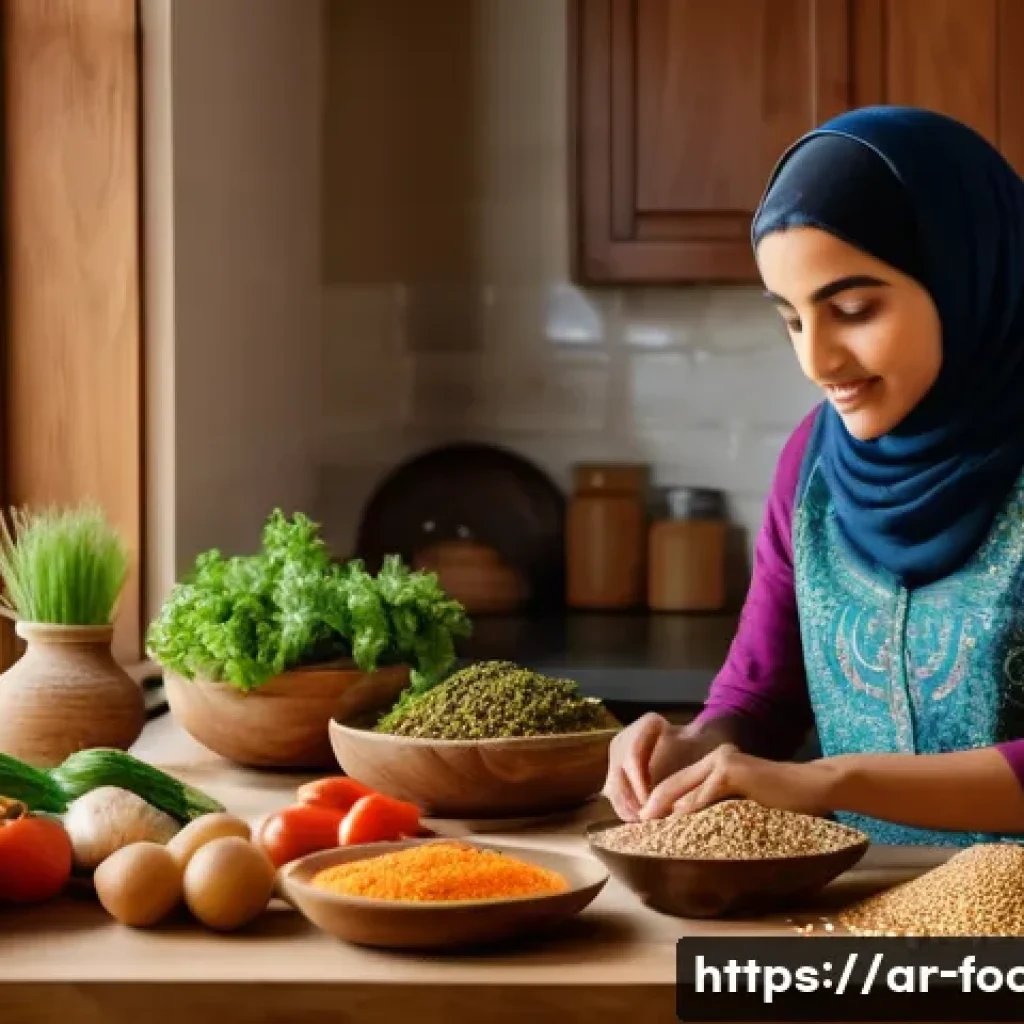 식품관련 창업 아이디어 - A vibrant, modern Middle Eastern kitchen scene featuring a young Arab woman preparing a healthy, low...