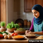 Home 15 식품관련 창업 아이디어 - A vibrant, modern Middle Eastern kitchen scene featuring a young Arab woman preparing a healthy, low...
