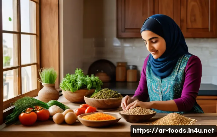 식품관련 창업 아이디어 - A vibrant, modern Middle Eastern kitchen scene featuring a young Arab woman preparing a healthy, low...