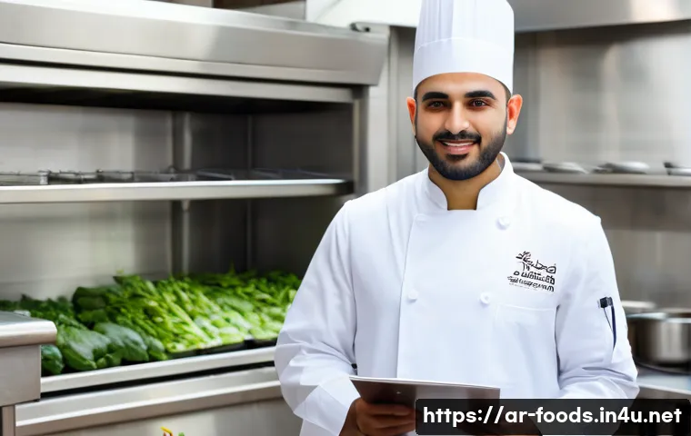 식품 관련 자격증 종류와 활용 - A professional Middle Eastern food safety trainer wearing clean white chef’s attire and a neat hairn...