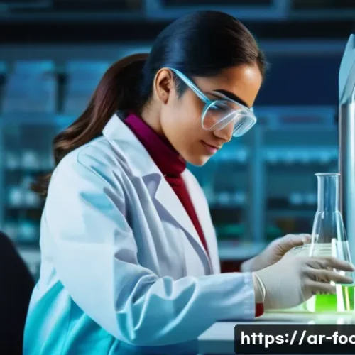 식품분석기사 자격증 준비 과정 - A professional Arabic-speaking female food chemist in a modern laboratory setting, wearing a clean w...