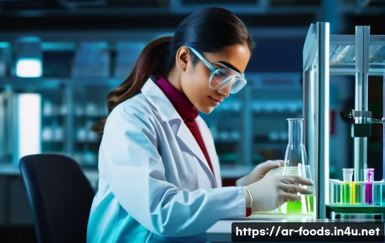 식품분석기사 자격증 준비 과정 - A professional Arabic-speaking female food chemist in a modern laboratory setting, wearing a clean w...