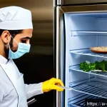 식품위생 자격증 실기 준비 노하우 - A professional Middle Eastern kitchen scene focused on food safety training: a young adult male wear...