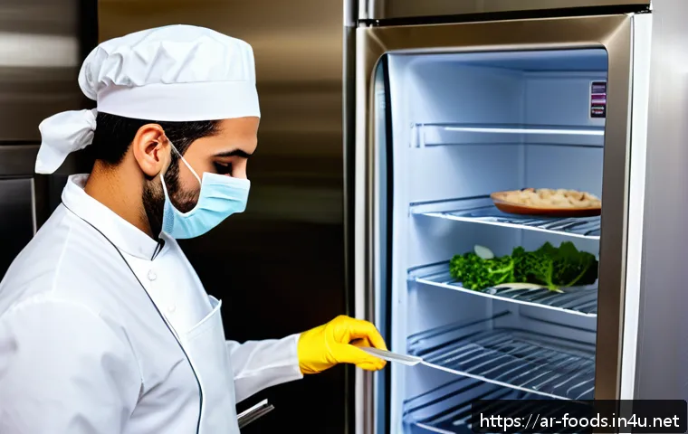 식품위생 자격증 실기 준비 노하우 - A professional Middle Eastern kitchen scene focused on food safety training: a young adult male wear...